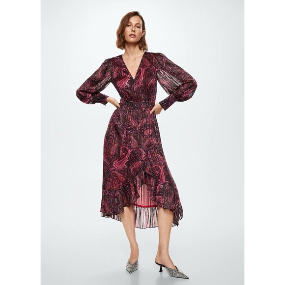 Mango Ruffled Paisley Print Evasé Dress Size US 4 Boho Chic Flowy Mid Lslv M - Picture 1 of 14